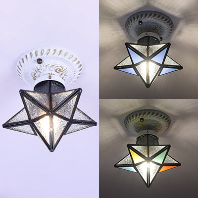 Tiffany Rustic Star Flush Light 1 Head Stained Glass Mini Ceiling Light in Blue/Clear/Blue-Yellow-Green for Bedroom Clearhalo 'Ceiling Lights' 'Close To Ceiling Lights' 'Close to ceiling' 'Glass shade' 'Glass' 'Pendant Lights' 'Semi-flushmount' 'Tiffany close to ceiling' 'Tiffany' Lighting' 93027