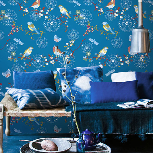 Non-woven Wall Decor Non-Pasted Dragonfly and Flower Wallpaper for Accent Wall Blue Clearhalo 'Country wall decor' 'Rustic' 'Wallpaper' Wall Decor' 930310
