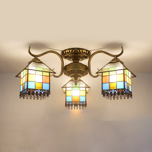 Lodge Style House Ceiling Light Stained Glass 3 Heads Semi Flush Light for Dining Room Clearhalo 'Ceiling Lights' 'Close To Ceiling Lights' 'Close to ceiling' 'Glass shade' 'Glass' 'Pendant Lights' 'Semi-flushmount' 'Tiffany close to ceiling' 'Tiffany' Lighting' 93044