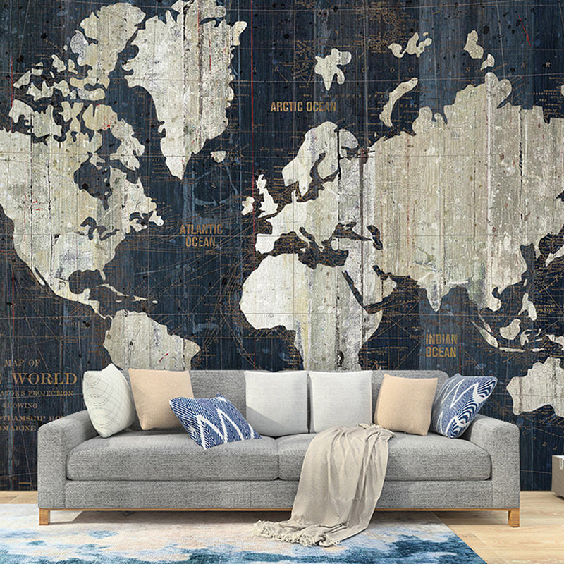 Whole World Map Mural Wallpaper for Living Room Fantasy Wall Decor in Dark Color, Stain-Resistant Black Clearhalo 'Wall Decor' 'Wall Mural' 930957