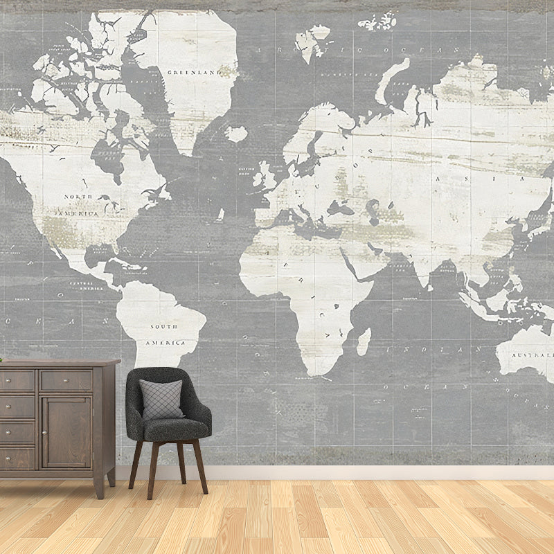 Whole World Map Mural Wallpaper for Living Room Fantasy Wall Decor in Dark Color, Stain-Resistant Grey Clearhalo 'Wall Decor' 'Wall Mural' 930962