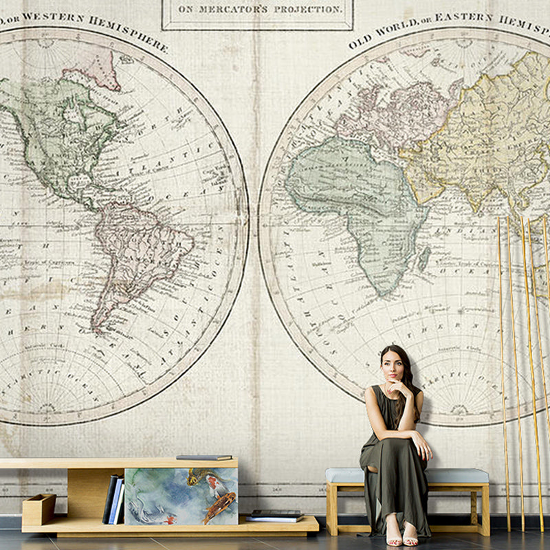 Full World Map Wall Art Nostalgic Novelty Mural Wallpaper in Light Color, Custom-Made Beige Clearhalo 'Wall Decor' 'Wall Mural' 931017