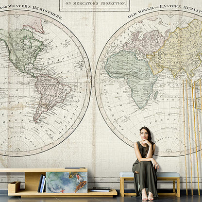Full World Map Wall Art Nostalgic Novelty Mural Wallpaper in Light Color, Custom-Made Beige Clearhalo 'Wall Decor' 'Wall Mural' 931017