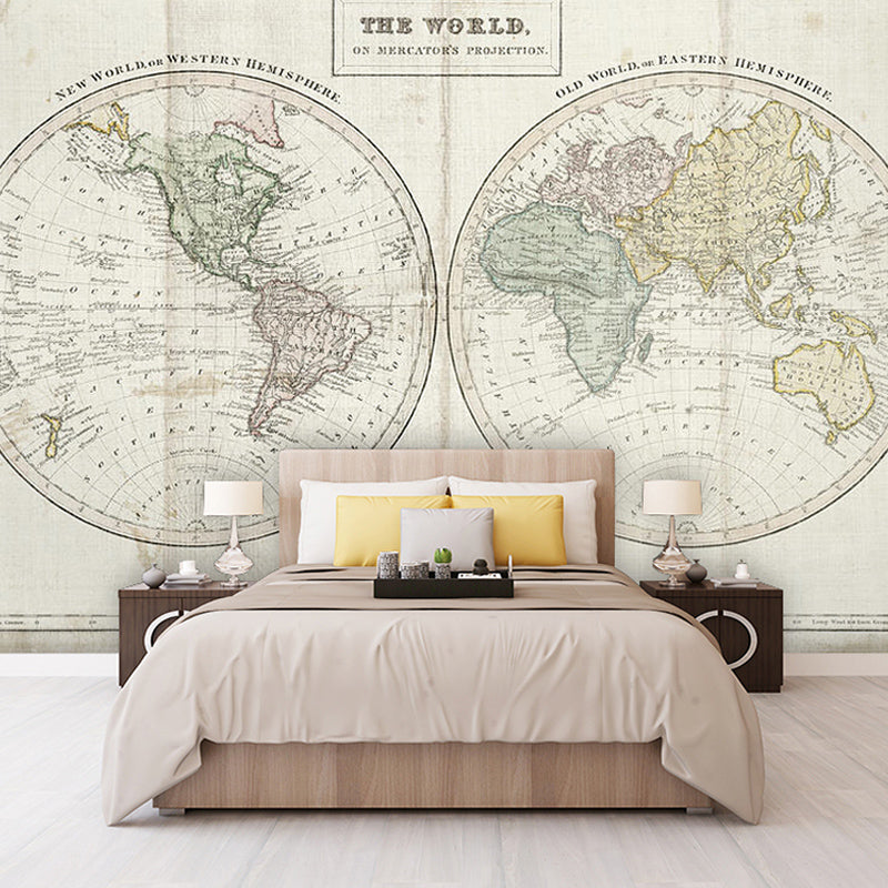 Full World Map Wall Art Nostalgic Novelty Mural Wallpaper in Light Color, Custom-Made Clearhalo 'Wall Decor' 'Wall Mural' 931018