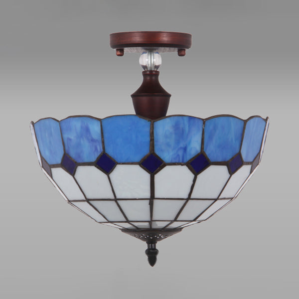 12"/16" W Bowl Semi Flushmount Victorian Tiffany Stained Glass Semi Flush Light in Blue/Blue-White/Green-Yellow for Living Room Clearhalo 'Ceiling Lights' 'Chandeliers' 'Close To Ceiling Lights' 'Close to ceiling' 'Glass shade' 'Glass' 'Pendant Lights' 'Semi-flushmount' 'Tiffany close to ceiling' 'Tiffany' Lighting' 93137