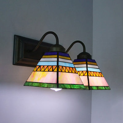 Stained Glass Pyramid Wall Lighting Mission Style 2 Heads Sconce Lamp in Pink for Bathroom Pink Clearhalo 'Industrial' 'Middle century wall lights' 'Tiffany wall lights' 'Tiffany' 'Wall Lamps & Sconces' 'Wall Lights' Lighting' 93164