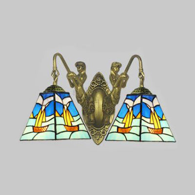Sailboat Wall Mounted Light 2 Heads Blue Glass Mediterranean Sconce Light Fixture Blue Clearhalo 'Industrial' 'Middle century wall lights' 'Tiffany wall lights' 'Tiffany' 'Wall Lamps & Sconces' 'Wall Lights' Lighting' 93216