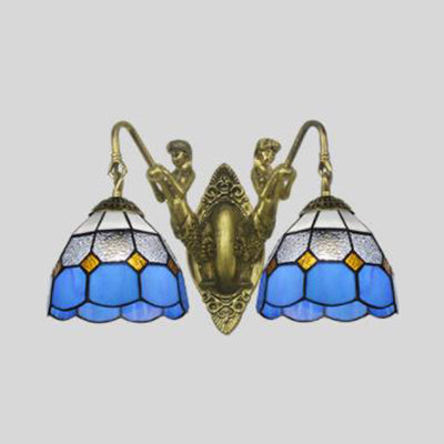 Blue Glass Antique Brass Sconce Lighting Dome 2 Heads Mediterranean Wall Mount Light Fixture Blue Clearhalo 'Industrial' 'Middle century wall lights' 'Tiffany wall lights' 'Tiffany' 'Wall Lamps & Sconces' 'Wall Lights' Lighting' 93221