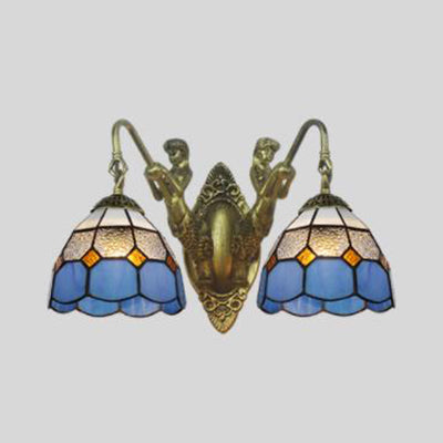 Blue Glass Antique Brass Sconce Lighting Dome 2 Heads Mediterranean Wall Mount Light Fixture Clearhalo 'Industrial' 'Middle century wall lights' 'Tiffany wall lights' 'Tiffany' 'Wall Lamps & Sconces' 'Wall Lights' Lighting' 93222