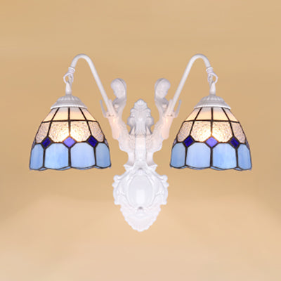 Grid Patterned Blue Glass Sconce Light Mediterranean 2 Heads White Wall Mounted Light Blue Clearhalo 'Industrial' 'Middle century wall lights' 'Tiffany wall lights' 'Tiffany' 'Wall Lamps & Sconces' 'Wall Lights' Lighting' 93245