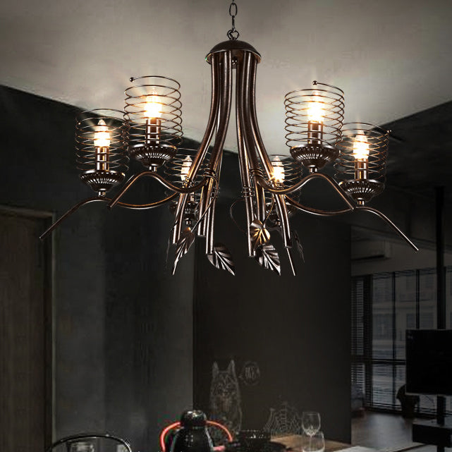 Wire Frame Iron Chandelier Lighting Industrial Loft 6 Bulbs Restaurant Pendant Lamp in Black Clearhalo 'Cast Iron' 'Ceiling Lights' 'Chandeliers' 'Industrial Chandeliers' 'Industrial' 'Metal' 'Middle Century Chandeliers' 'Rustic Chandeliers' 'Tiffany' Lighting' 93342