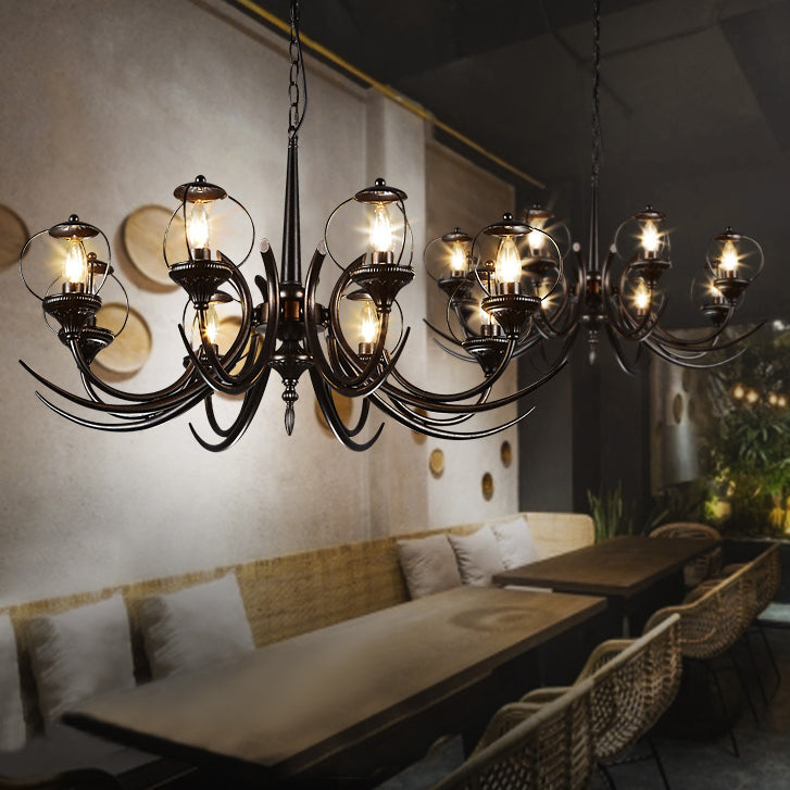 Farmhouse Wire Guard Chandelier Lighting with Curved Arm 8 Heads Iron Hanging Light Fixture in Black Clearhalo 'Ceiling Lights' 'Chandeliers' Lighting' options 93359