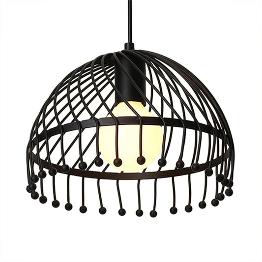 1 Light Dome Caged Pendant Lamp Retro Loft Black Finish Metal Hanging Ceiling Light for Living Room Clearhalo 'Art Deco Pendants' 'Black' 'Cast Iron' 'Ceiling Lights' 'Ceramic' 'Crystal' 'Industrial Pendants' 'Industrial' 'Metal' 'Middle Century Pendants' 'Pendant Lights' 'Pendants' 'Rustic Pendants' 'Tiffany' Lighting' 93412