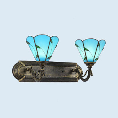 Stained Glass Leaf Wall Lighting with Cone Shade 2 Lights Wall Sconce Light in Aged Brass for Bedroom Blue Clearhalo 'Industrial' 'Middle century wall lights' 'Tiffany wall lights' 'Tiffany' 'Wall Lamps & Sconces' 'Wall Lights' Lighting' 93436