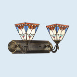 2 Lights Pyramid Sconce Light Stained Glass Traditional Wall Light in Aged Brass for Bedroom Antique Brass Clearhalo 'Industrial' 'Middle century wall lights' 'Tiffany wall lights' 'Tiffany' 'Wall Lamps & Sconces' 'Wall Lights' Lighting' 93439