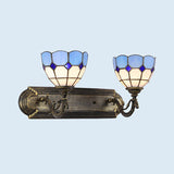 Blue Bowl Sconce Lighting Stained Glass 2 Lights Mediterranean Wall Lamp in Antique Bronze for Bedroom Blue Clearhalo 'Industrial' 'Middle century wall lights' 'Tiffany wall lights' 'Tiffany' 'Wall Lamps & Sconces' 'Wall Lights' Lighting' 93446