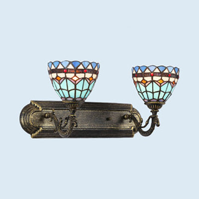 Baroque Style Bowl Vanity Lighting Stained Glass 2 Bulbs Wall Mount Light in Blue for Bathroom Clearhalo 'Industrial' 'Middle century wall lights' 'Tiffany wall lights' 'Tiffany' 'Wall Lamps & Sconces' 'Wall Lights' Lighting' 93453