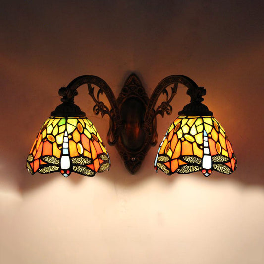 Rustic Loft Dragonfly Sconce Lamp with Curved Arm Stained Glass Double Wall Light for Bedroom Orange Clearhalo 'Industrial' 'Middle century wall lights' 'Tiffany wall lights' 'Tiffany' 'Wall Lamps & Sconces' 'Wall Lights' Lighting' 93473