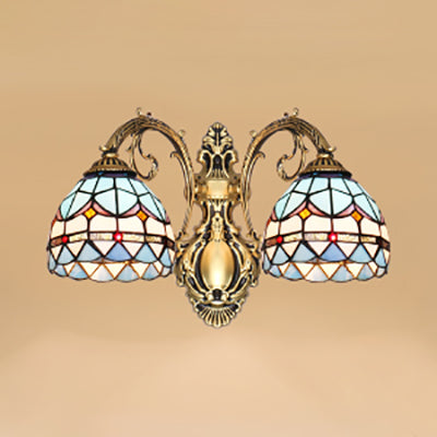 Baroque Dome Wall Sconce Light with Curved Arm Stained Glass 2 Lights Wall Light in Blue Blue Clearhalo 'Industrial' 'Middle century wall lights' 'Tiffany wall lights' 'Tiffany' 'Wall Lamps & Sconces' 'Wall Lights' Lighting' 93499