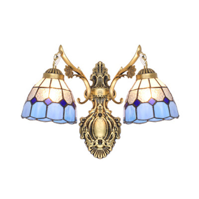 Brass Finish Bowl Wall Light Stained Glass 2 Heads Tiffany Wall Sconce Light in Blue for Corridor Blue Clearhalo 'Industrial' 'Middle century wall lights' 'Tiffany wall lights' 'Tiffany' 'Wall Lamps & Sconces' 'Wall Lights' Lighting' 93505