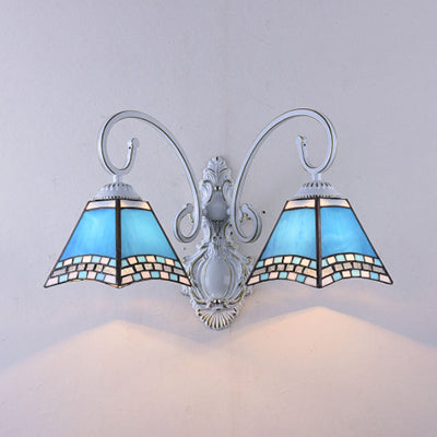 Nautical Pyramid Wall Light Stained Glass 2 Lights Indoor Lighting Fixture for Living Room Blue Clearhalo 'Industrial' 'Middle century wall lights' 'Tiffany wall lights' 'Tiffany' 'Wall Lamps & Sconces' 'Wall Lights' Lighting' 93511