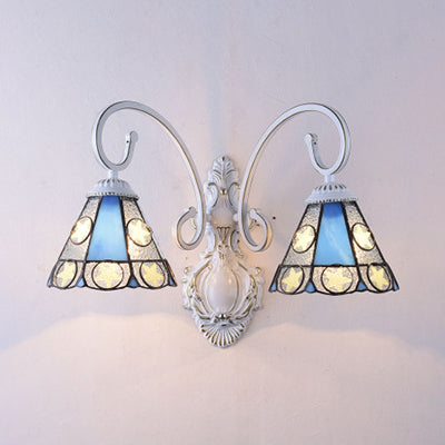 Modern Conical Wall Lighting with Star Stained Glass 2 Lights Wall Mount Light for Bedroom Blue Clearhalo 'Industrial' 'Middle century wall lights' 'Tiffany wall lights' 'Tiffany' 'Wall Lamps & Sconces' 'Wall Lights' Lighting' 93513