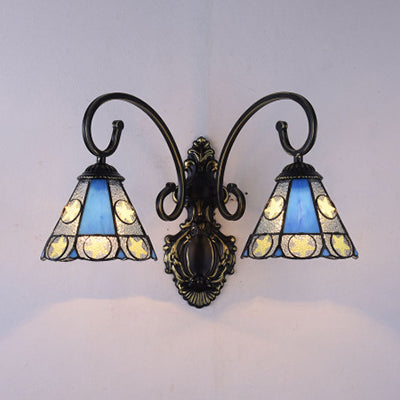 Tiffany Conical Wall Sconce Lighting Stained Glass 2 Heads Wall Light in Blue for Living Room Blue Clearhalo 'Industrial' 'Middle century wall lights' 'Tiffany wall lights' 'Tiffany' 'Wall Lamps & Sconces' 'Wall Lights' Lighting' 93515