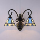 Tiffany Conical Wall Sconce Lighting Stained Glass 2 Heads Wall Light in Blue for Living Room Blue Clearhalo 'Industrial' 'Middle century wall lights' 'Tiffany wall lights' 'Tiffany' 'Wall Lamps & Sconces' 'Wall Lights' Lighting' 93515