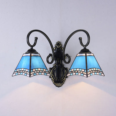 Pyramid Wall Lighting Nautical Tiffany Blue Glass 2 Lights Wall Sconce Light in Blue for Bathroom Blue Clearhalo 'Industrial' 'Middle century wall lights' 'Tiffany wall lights' 'Tiffany' 'Wall Lamps & Sconces' 'Wall Lights' Lighting' 93517