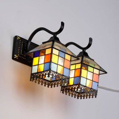 Multi Color House Wall Lamp with Linear Backplate Lodge Glass and Metal Wall Sconce in Antique Bronze Antique Bronze Clearhalo 'Industrial' 'Middle century wall lights' 'Tiffany wall lights' 'Tiffany' 'Wall Lamps & Sconces' 'Wall Lights' Lighting' 93519