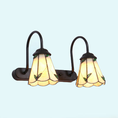 Beige Glass Black Wall Mount Light Lily 2 Heads Tiffany Vanity Sconce Light for Bathroom Beige Clearhalo 'Industrial' 'Middle century wall lights' 'Tiffany wall lights' 'Tiffany' 'Wall Lamps & Sconces' 'Wall Lights' Lighting' 93533