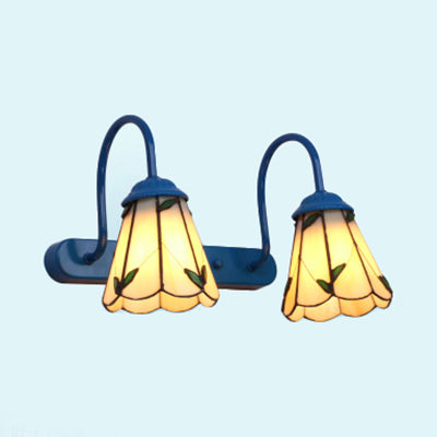 Beige Glass Blue Wall Light Fixture Lily 2 Heads Tiffany Vanity Lighting Fixture for Bathroom Beige Clearhalo 'Industrial' 'Middle century wall lights' 'Tiffany wall lights' 'Tiffany' 'Wall Lamps & Sconces' 'Wall Lights' Lighting' 93538