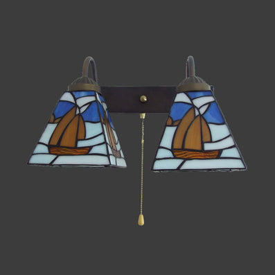 2 Heads Sailboat Wall Light Fixture Tiffany Blue Stained Glass Sconce Light with Pull Chain Clearhalo 'Industrial' 'Middle century wall lights' 'Tiffany wall lights' 'Tiffany' 'Wall Lamps & Sconces' 'Wall Lights' Lighting' 93565