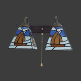 2 Heads Sailboat Wall Light Fixture Tiffany Blue Stained Glass Sconce Light with Pull Chain Clearhalo 'Industrial' 'Middle century wall lights' 'Tiffany wall lights' 'Tiffany' 'Wall Lamps & Sconces' 'Wall Lights' Lighting' 93565