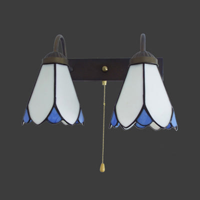 White Glass Lily Sconce Light Fixture Tiffany 2 Heads Black Wall Mount Light with Pull Chain Switch Clearhalo 'Industrial' 'Middle century wall lights' 'Tiffany wall lights' 'Tiffany' 'Wall Lamps & Sconces' 'Wall Lights' Lighting' 93568