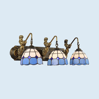 Tiffany Dome Wall Mounted Light 3 Heads Blue Glass Sconce Lighting with Mermaid Backplate Blue Clearhalo 'Industrial' 'Middle century wall lights' 'Tiffany wall lights' 'Tiffany' 'Wall Lamps & Sconces' 'Wall Lights' Lighting' 93606