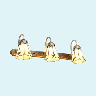 Flower Vanity Sconce Lighting Fixture Tiffany Beige Glass 1 Head Brass Wall Mounted Light Beige Clearhalo 'Industrial' 'Middle century wall lights' 'Tiffany wall lights' 'Tiffany' 'Wall Lamps & Sconces' 'Wall Lights' Lighting' 93621