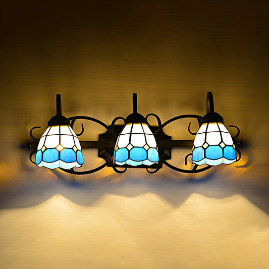 Mediterranean Dome Wall Sconce Light Stained Glass 3 Heads Wall Lighting in Black Finish for Bathroom Clearhalo 'Industrial' 'Middle century wall lights' 'Tiffany wall lights' 'Tiffany' 'Wall Lamps & Sconces' 'Wall Lights' Lighting' 93638