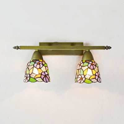 Lodge Style Dome Sconce Lighting with Sunflower/Grape/Yellow Flower/Morning Glory Stained Glass 2 Lights Bathroom Vanity Light in Brass Brass Morning Glory Clearhalo 'Industrial' 'Middle century wall lights' 'Tiffany wall lights' 'Tiffany' 'Wall Lamps & Sconces' 'Wall Lights' Lighting' 93647