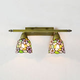Lodge Style Dome Sconce Lighting with Sunflower/Grape/Yellow Flower/Morning Glory Stained Glass 2 Lights Bathroom Vanity Light in Brass Brass Morning Glory Clearhalo 'Industrial' 'Middle century wall lights' 'Tiffany wall lights' 'Tiffany' 'Wall Lamps & Sconces' 'Wall Lights' Lighting' 93647
