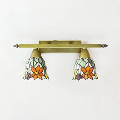 Lodge Style Dome Sconce Lighting with Sunflower/Grape/Yellow Flower/Morning Glory Stained Glass 2 Lights Bathroom Vanity Light in Brass Clearhalo 'Industrial' 'Middle century wall lights' 'Tiffany wall lights' 'Tiffany' 'Wall Lamps & Sconces' 'Wall Lights' Lighting' 93650