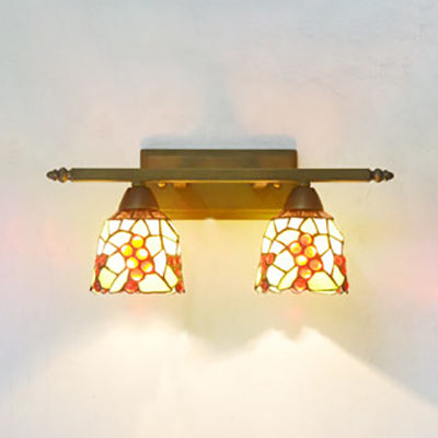 Lodge Style Dome Sconce Lighting with Sunflower/Grape/Yellow Flower/Morning Glory Stained Glass 2 Lights Bathroom Vanity Light in Brass Brass Grape Clearhalo 'Industrial' 'Middle century wall lights' 'Tiffany wall lights' 'Tiffany' 'Wall Lamps & Sconces' 'Wall Lights' Lighting' 93651