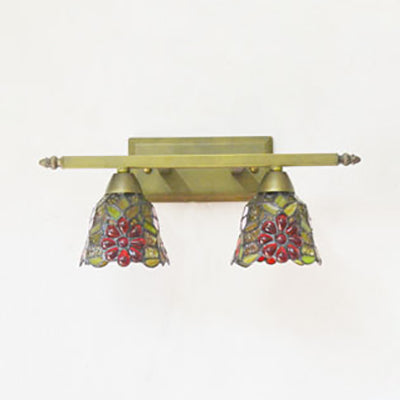 Lodge Style Dome Sconce Lighting with Sunflower/Grape/Yellow Flower/Morning Glory Stained Glass 2 Lights Bathroom Vanity Light in Brass Clearhalo 'Industrial' 'Middle century wall lights' 'Tiffany wall lights' 'Tiffany' 'Wall Lamps & Sconces' 'Wall Lights' Lighting' 93654