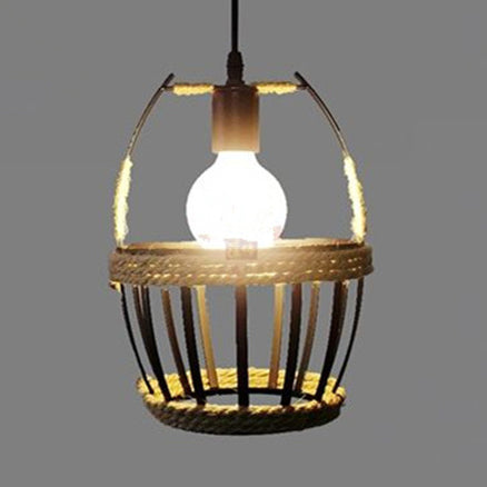 Metal Bucket Cage Hanging Ceiling Light Country 1 Light Restaurant Pendant Lighting with Rope Detail in Black Clearhalo 'Art Deco Pendants' 'Black' 'Cast Iron' 'Ceiling Lights' 'Ceramic' 'Crystal' 'Industrial Pendants' 'Industrial' 'Metal' 'Middle Century Pendants' 'Pendant Lights' 'Pendants' 'Rustic Pendants' 'Tiffany' Lighting' 93673