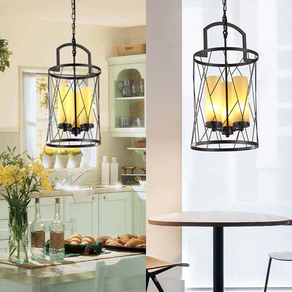 Cylinder Glass Shade Hanging Light with Wire Frame Industrial 3 Heads Restaurant Pendant Lamp in Black Clearhalo 'Cast Iron' 'Ceiling Lights' 'Chandeliers' 'Industrial Chandeliers' 'Industrial' 'Metal' 'Middle Century Chandeliers' 'Rustic Chandeliers' 'Tiffany' Lighting' 93793