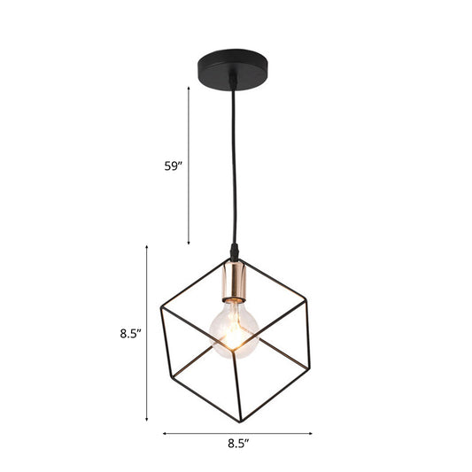 1 Light Squared Cage Ceiling Lighting Retro Style Black Finish Metal Hanging Light Fixture for Living Room Clearhalo 'Art Deco Pendants' 'Black' 'Cast Iron' 'Ceiling Lights' 'Ceramic' 'Crystal' 'Industrial Pendants' 'Industrial' 'Metal' 'Middle Century Pendants' 'Pendant Lights' 'Pendants' 'Rustic Pendants' 'Tiffany' Lighting' 94236