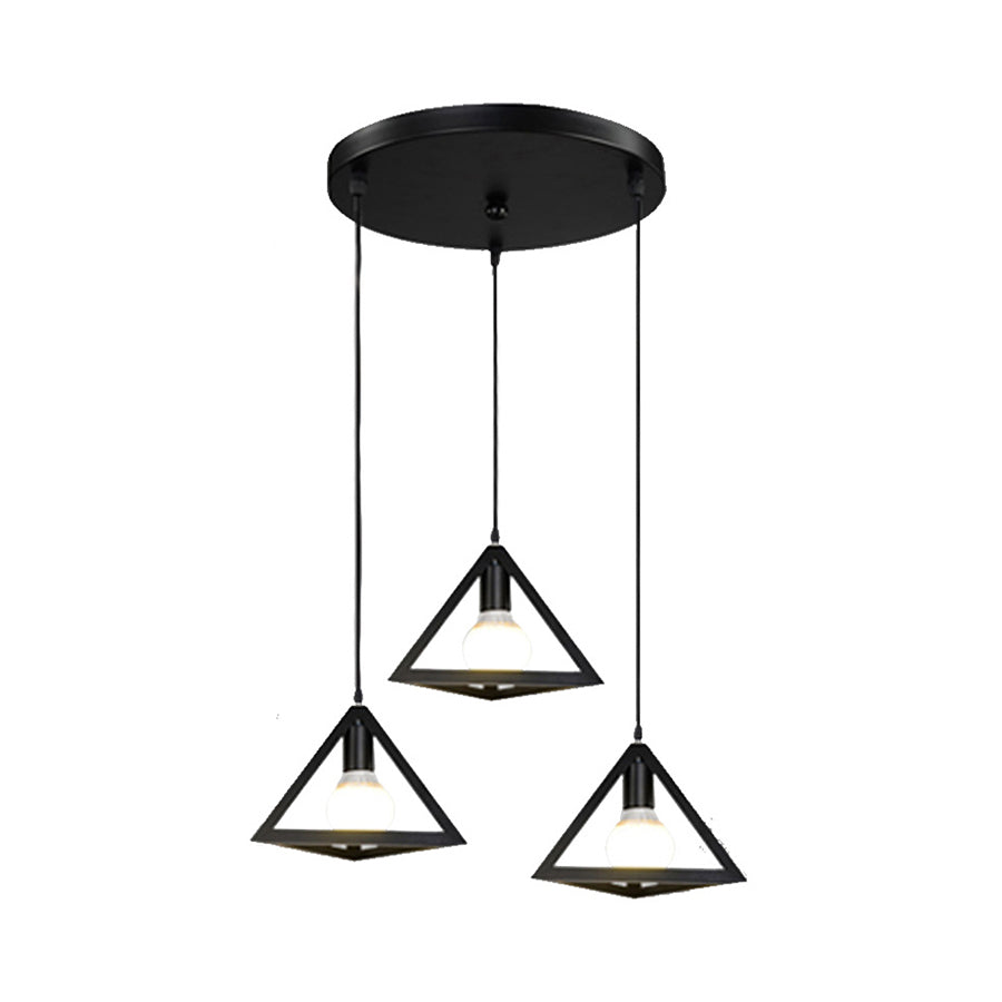 3 Heads Hanging Lamp Retro Industrial Triangle Metallic Pendant Lighting with Wire Guard and Linear/Round Canopy in Black/White Clearhalo 'Ceiling Lights' 'Modern Pendants' 'Modern' 'Pendant Lights' 'Pendants' Lighting' 94291