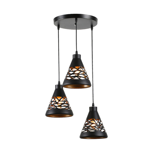 Black Conical Hanging Light with Hollow Out Design Industrial 3 Lights Ceiling Light Clearhalo 'Art Deco Pendants' 'Black' 'Cast Iron' 'Ceiling Lights' 'Ceramic' 'Crystal' 'Industrial Pendants' 'Industrial' 'Metal' 'Middle Century Pendants' 'Pendant Lights' 'Pendants' 'Rustic Pendants' 'Tiffany' Lighting' 94329