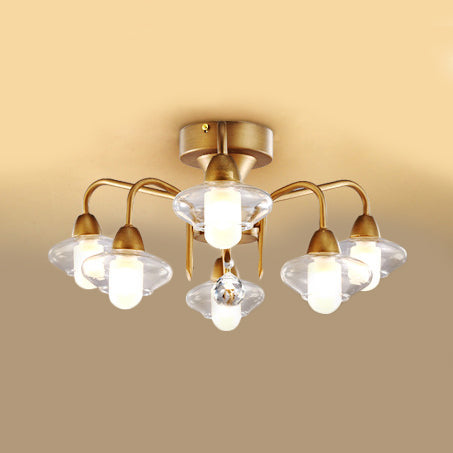 Elliptical Frosted White Glass Semi Flush Modern 6 Bulbs Bedroom Light Fixture in Brass Brass Clearhalo 'Ceiling Lights' 'Close To Ceiling Lights' 'Close to ceiling' 'Glass shade' 'Glass' 'Pendant Lights' 'Semi-flushmount' Lighting' 94348