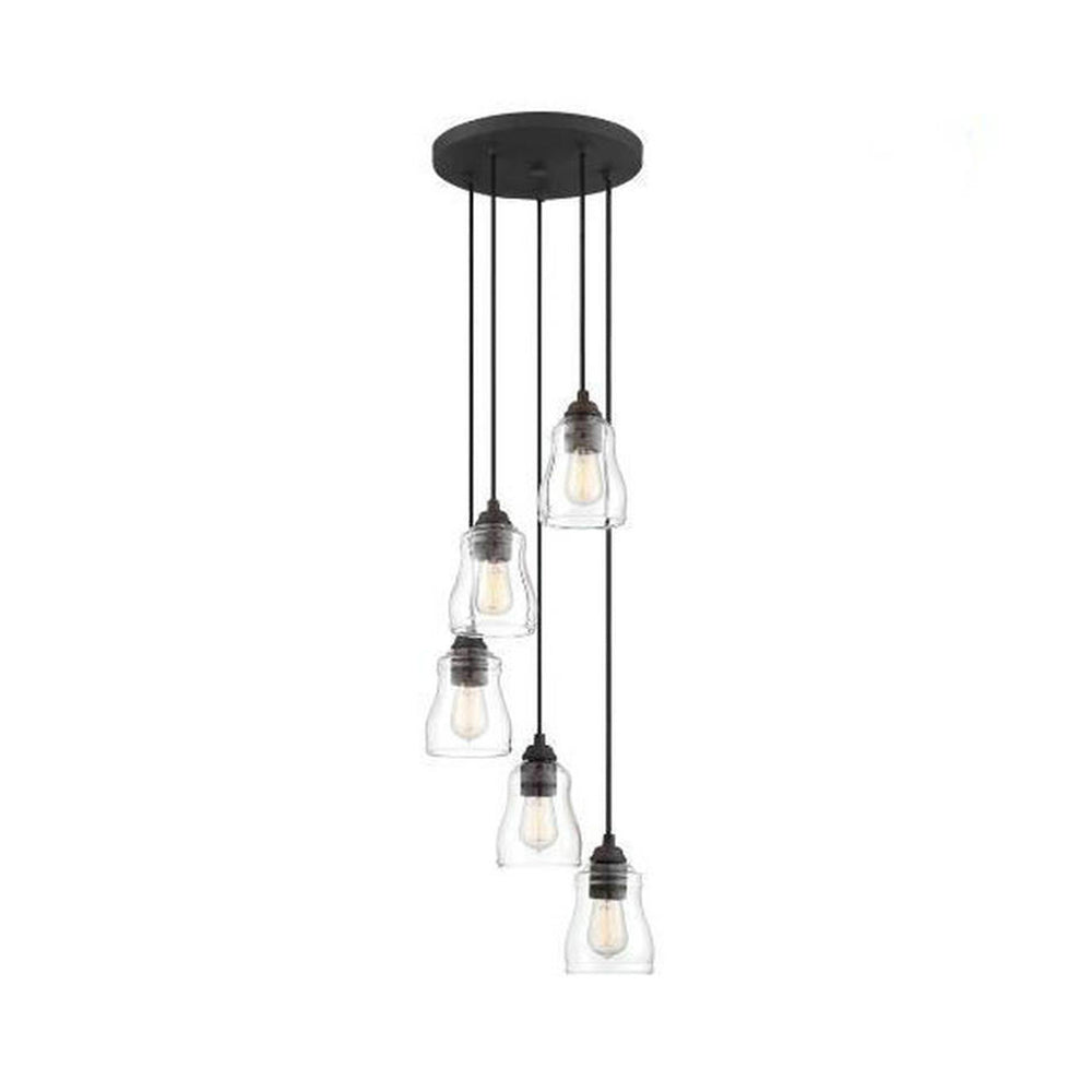 5-Light Multi Pendant with Curved Shade Clear Glass Rustic Dining Room Hanging Light Fixture with Round Canopy Clear Clearhalo 'Ceiling Lights' 'Glass shade' 'Glass' 'Industrial Pendants' 'Industrial' 'Middle Century Pendants' 'Pendant Lights' 'Pendants' 'Tiffany' Lighting' 94410